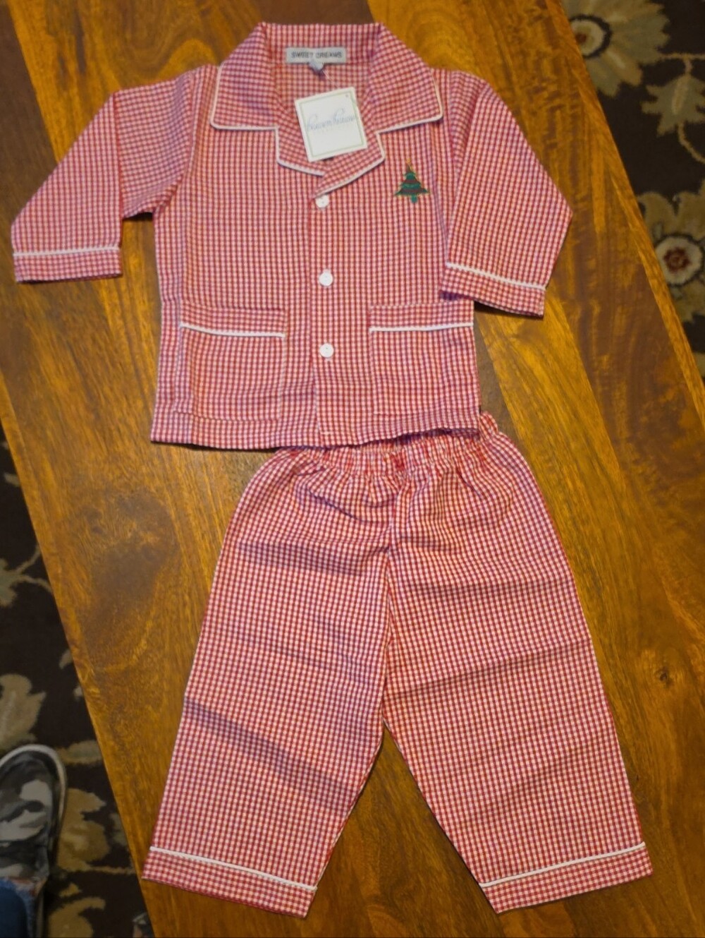 New Boys Red Gingham Pajama Set with Tree Embroidery -